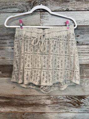 Time and Tru Cream Crochet Swim Coverup Shorts with Drawstring